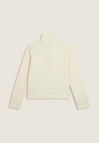 Maglia a collo alto color avorio realizzata in cotone morbido. Presenta maniche lunghe, un design aderente e un orlo dritto. La vista posteriore non mostra motivi né dettagli.