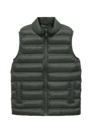 Veste sans manches matelassée vert foncé avec fermeture éclair à l'avant et deux poches latérales, conçue pour la chaleur et la superposition.