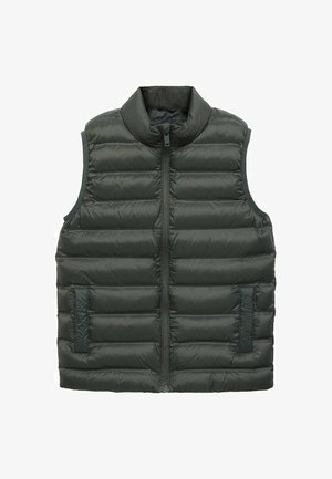 Vesta matlasată verde închis fără mâneci, cu fermoar frontal și două buzunare laterale, concepută pentru căldură și stratificare.