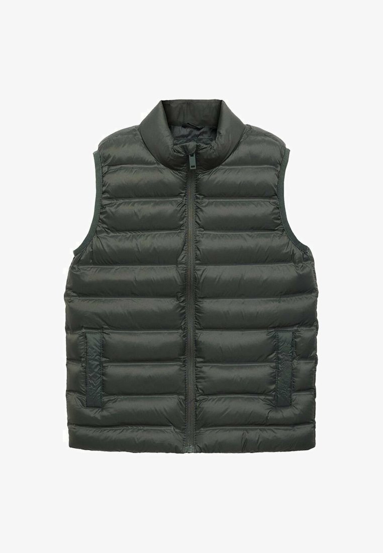 Temno zelena brezrokavna puhasta jopa z zadrgo spredaj in dvema stranskima žepoma, zasnovana za toploto in plastenje.