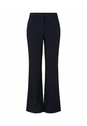 Juodos, pritaikytos kelnės su aukštu liemeniu, diržo kilpelėmis, priekinio užtrauktuko uždarymu ir šiek tiek platėjančiomis plačiomis kojomis.