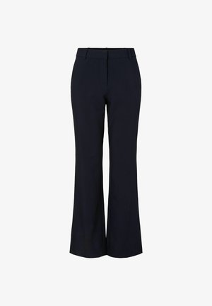 Juodos, pritaikytos kelnės su aukštu liemeniu, diržo kilpelėmis, priekinio užtrauktuko uždarymu ir šiek tiek platėjančiomis plačiomis kojomis.