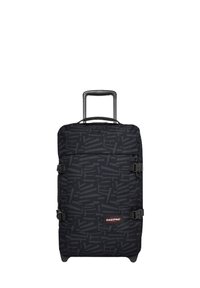 Maleta con ruedas de suave lado negro con un patrón geométrico, correas de compresión ajustables y un mango retráctil. Presenta el logo de Eastpak.