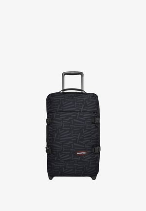Black soft-sided wheeled suitcase with a geometric pattern, adjustable compression straps, and a retractable handle. Features Eastpak logo.