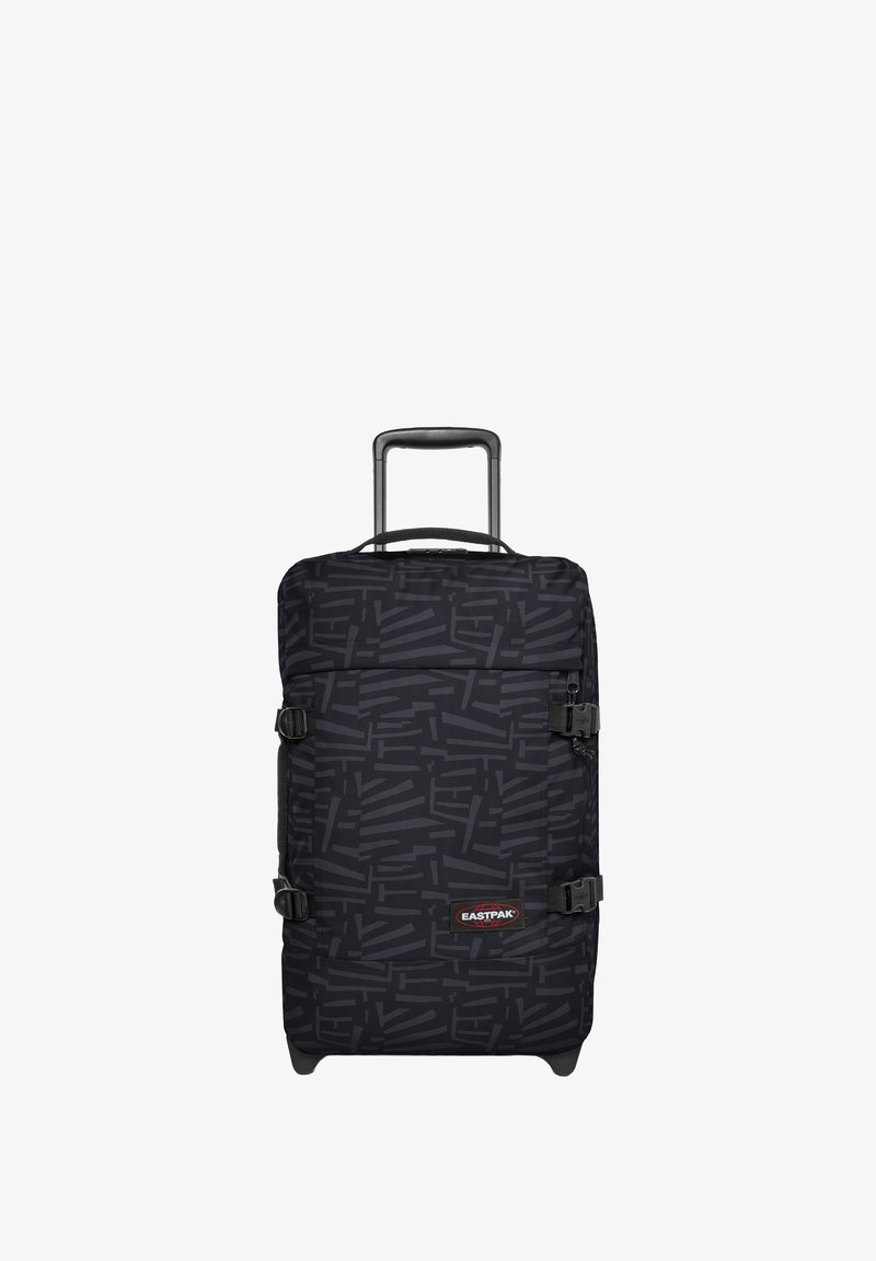 Černý měkký kufr na kolečkách s geometrickým vzorem, nastavitelné kompresní popruhy a teleskopickou rukojetí. Obsahuje logo Eastpak.