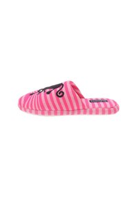 Pantofole a righe rosa con una texture morbida, con un design di gatto sulla parte anteriore. La suola è bianca e l'interno sembra imbottito.