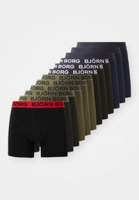 Blandet herre boxershorts i sort, navy, mørkegrøn og oliven, med elastisk linning og "BJÖRN BORG" logo, totalt 12 par.