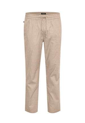 Pantaloni in lino beige, leggeri, con vita elasticizzata e coulisse; tasche laterali; design a gamba dritta e dettagli di cucitura visibili.