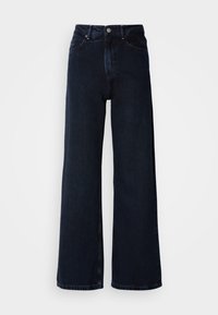 Donkerblauwe wijde jeans met een hoge taille, knoopsluiting, voorzakken en een gladde dennenstof.
