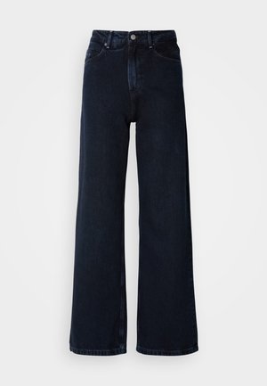 Mørkeblå vide jeans med høy midje, knappelukking, framlommer og en jevn denimtekstur.