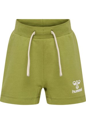 Groene katoenen shorts met een elastische tailleband, witte trekkoord en een bedrukte logo van een bij aan de onderzijde rechts.
