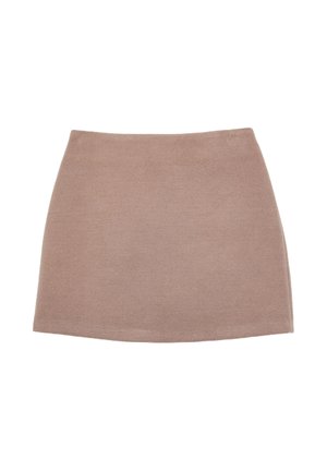 Brun, struktureret mini-nederdel med en glat overflade og en let udløbende søm. Har et enkelt design uden ekstra mønstre eller accenter.