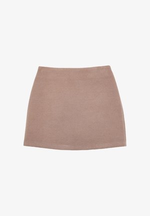Jupe mini marron texturée avec une surface lisse et un ourlet légèrement évasé. Présente un design simple sans motifs ni accents supplémentaires.