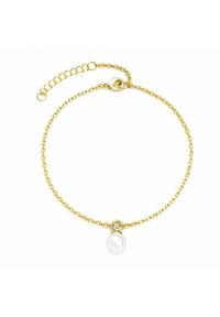 Bracciale in catena dorata con un singolo ciondolo a perla. La chiusura è a granchio, con una catena di estensione regolabile.