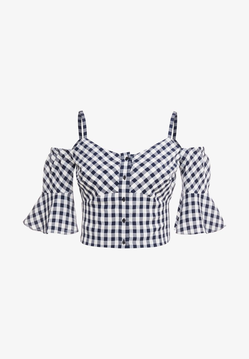 Crop top vichy bleu marine et blanc avec boutons devant, fines bretelles et manches cloche tombantes.