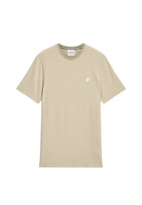 Helles beiges T-Shirt mit kurzen Ärmeln, strukturiertem Muster, Rundhalsausschnitt und einem kleinen weißen Logo auf der linken Brustseite.