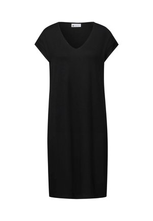 Schwarzes knielanges Kleid mit kurzen Ärmeln und V-Ausschnitt, aus glattem Stoff, vor weißem Hintergrund dargestellt.