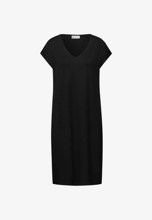 Černé šaty po kolena s krátkými rukávy a výstřihem do V, vyrobené z hladké látky, zobrazené na bílém pozadí.