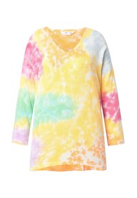 Langärmliges V-Ausschnitt-T-Shirt aus weichem Stoff mit einem mehrfarbigen Batikmuster in Gelb-, Pink-, Grün- und Blautönen.