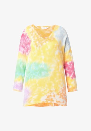 Camiseta de manga larga con escote en V, confeccionada en tejido suave, con un estampado multicolor de efecto tie-dye en tonos amarillos, rosas, verdes y azules.