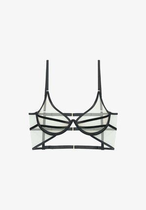 Czarny siateczkowy biustonosz z przezroczystymi panelami, geometrycznym wzorem i złotymi akcentami. Posiada wąskie, regulowane ramiączka oraz wsparcie w postaci fiszbin.