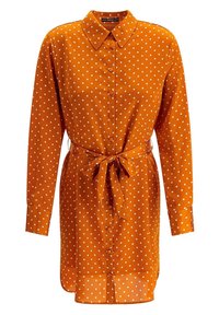 Abito a camicia arancione a pois con colletto, maniche lunghe, chiusura a bottoni e cintura annodata in vita. Realizzato in tessuto morbido con orlo inferiore trasparente.