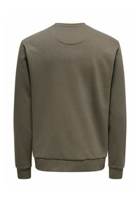 Olivengrüner Sweatshirt, Rundhalsausschnitt, lange Ärmel, gerippte Bündchen und Saum, strukturiertest Gewebe, glatte Oberfläche, schlichtes Design ohne Muster oder Akzente.
