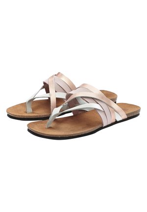 Sandales à glissière avec plusieurs brides entrecroisées dans des tons métalliques rose, blanc et argent. Semelle intérieure en liège douce avec une semelle noire plate.