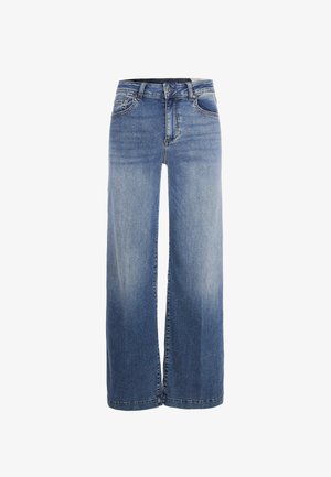 Jeans a gamba larga in denim azzurro chiaro, con vita alta, tasche frontali e una leggera scoloritura lungo le cosce. Design classico a cinque tasche.
