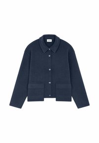 Marineblauwe wolmixjacket met een kraag, sluiting met knopen aan de voorkant en twee grote opgestikte zakken, met een cropped silhouet en een gestructureerde stof.