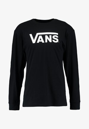 T-shirt noir à manches longues en coton, avec un grand logo graphique blanc portant le mot "VANS" sur la poitrine. Texture lisse.