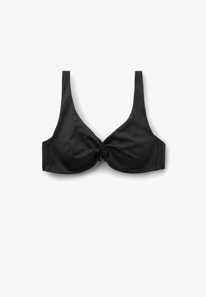 Black bikini top with wide straps and a front twist detail, shown flat on a white background.