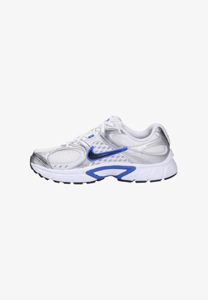 White and silver athletic shoe with blue accents, mesh upper, cushioned sole, and black rubber outsole. Features lacing system and logo.
