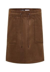 Jupe marron en tissu doux avec une taille élastique et un cordon de serrage ; présente deux poches avant et une texture lisse.