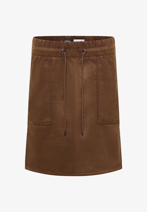 Gonna marrone realizzata in un tessuto morbido con una vita elasticizzata e cordoncino; presenta due tasche frontali e una texture liscia.