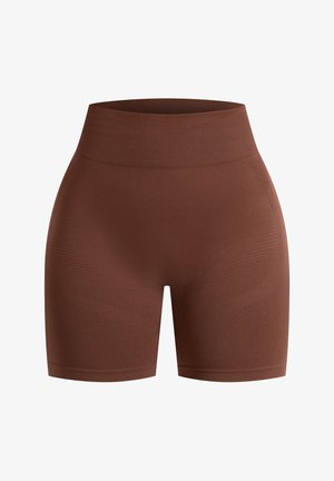 Pantalones cortos deportivos marrones con una cintura alta, hechos de un material elástico. Presenta patrones texturizados a lo largo de los lados para dar un detalle adicional.