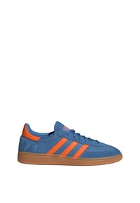 Blue sneakers with mesh upper and suede accents. Features orange three stripes and heel cap, gum rubber outsole, flat laces, and branded tongue.