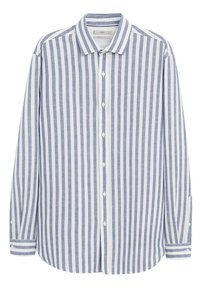 Košile s dlouhým rukávem, s vertikálními modro-bílými pruhy, klasickým límcem a knoflíkovými manžetami.