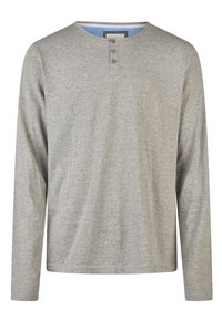 Chemise henley à manches longues gris clair avec trois boutons et un col rond, présentant une doublure de col intérieur rayée bleue.