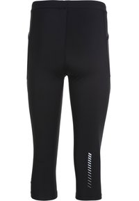 Svarta capri-leggings gjorda av elastiskt tyg, med en stilren design, vita reflektorer och en slät yta.