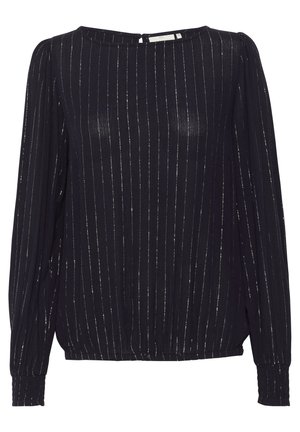 Navy blue long-sleeve blouse with a round neck and keyhole back. Features vertical metallic stripes and gathered cuffs for a textured look.