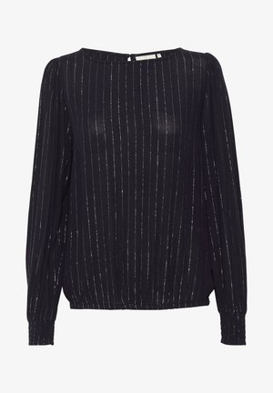 Navy blue long-sleeve blouse with a round neck and keyhole back. Features vertical metallic stripes and gathered cuffs for a textured look.