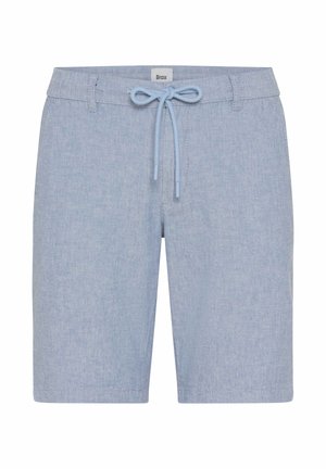 Lichtblauwe herenshorts met een stoffen riem in de taille en riemlussen, gemaakt van een gestructureerd geweven materiaal.