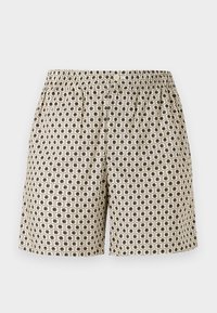 Pantaloni corti beige da uomo con motivi geometrici neri a quadrati e cerchi, cintura elastica e chiusura con bottone anteriore.