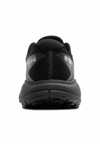 Black athletic shoes with a mesh upper, padded collar, and textured rubber outsole. Features a logo, stitching detail, and ventilation holes.