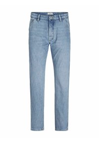 Jeans de denim azul claro con un diseño de pierna recta, cintura alta, bolsillos frontales y cierre de cremallera. Aspecto descolorido con detalles mínimos de costura.
