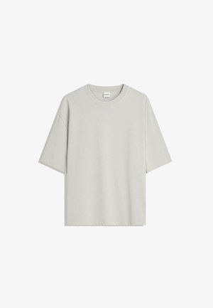Hellgraues, übergroßes T-Shirt mit kurzen Ärmeln, Rundhalsausschnitt und dezentem Markenlabel am inneren Kragen.