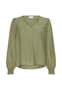 Blouse vert olive avec un col en V, des manches longues bouffantes et des poignets smockés, fabriquée dans un tissu doux et léger, offrant une coupe légèrement décontractée.
