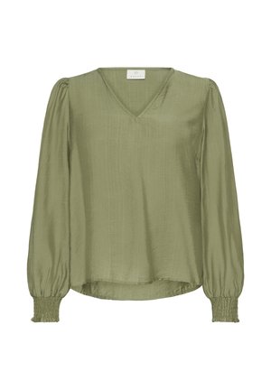 Olive-green blouse with a V-neck, long puff sleeves, and smocked cuffs, made of soft, lightweight fabric, offering a slightly relaxed fit.