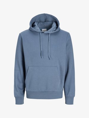Blauer Pullover-Hoodie mit Kängurutasche vorne, Kapuze mit Kordelzug, gerippten Bündchen und dezentem, erhabenem "Jack & Jones"-Logo auf der Brust.
